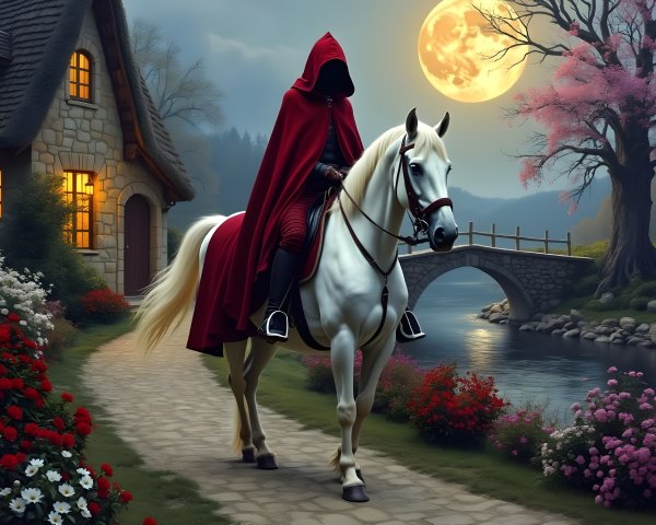 Mysterious figure in red riding a white horse at night