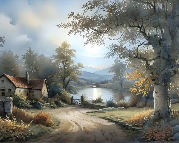 Tranquil Countryside Scene with Cottage and Lake