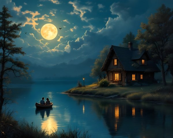 Moonlit Lake Scene with Cozy Cabin and Boat