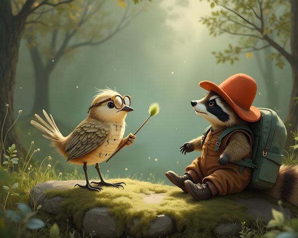 Bird and Raccoon in a Whimsical Forest Scene