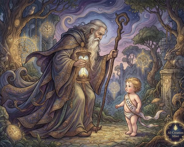 Father Time and Toddler Symbolizing New Year 2026