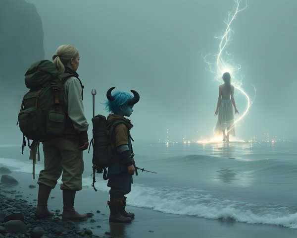 Adventurers in Mystical Seashore Landscape with Ethereal Figure