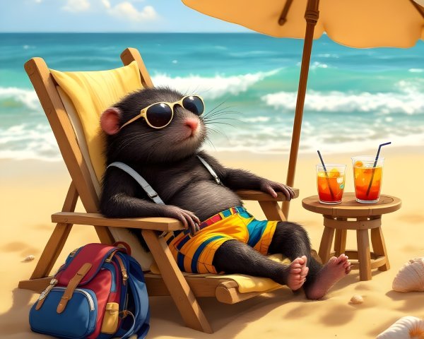 Cartoon Rodent Relaxing on Beach Chair with Drinks