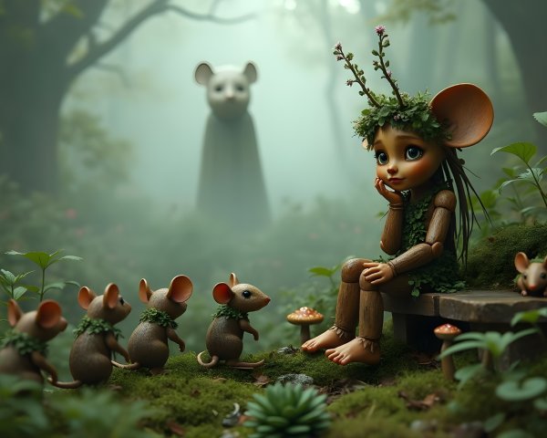 Wooden Girl Surrounded by Mice in Mystical Forest