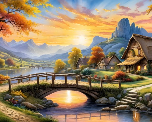 Serene Landscape with Cottage and Autumn Trees
