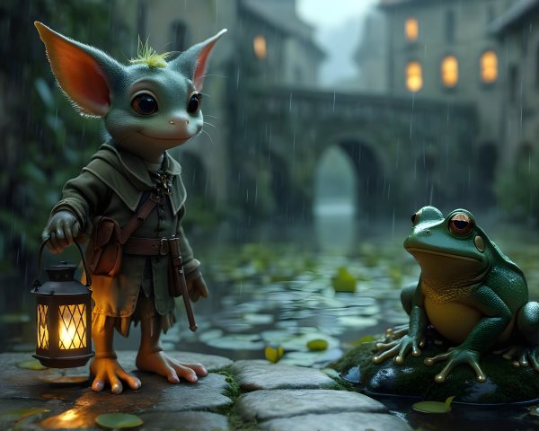 Whimsical Creature and Frog in Mystical Rainy Setting