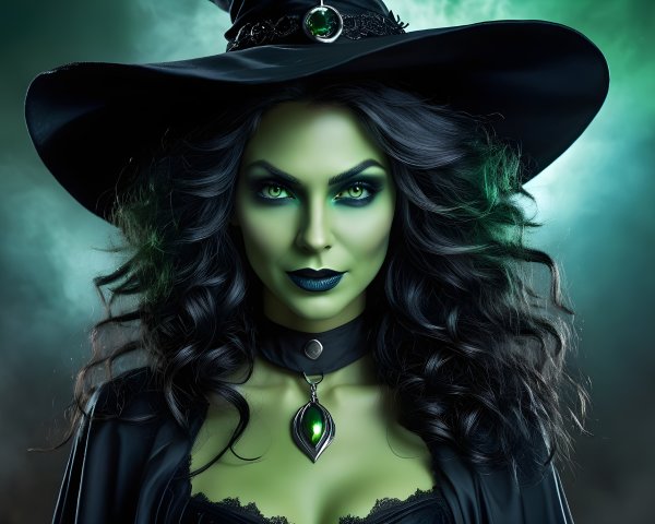 Witch with Green Skin and Dark Hair in Smoky Background