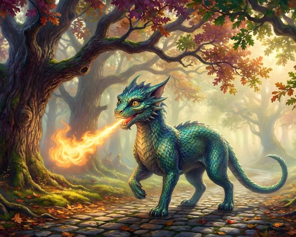 Emerald Green Dragon in Enchanted Forest Scene