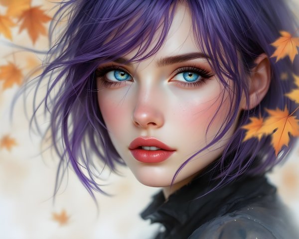 Portrait of a Young Woman with Purple Hair and Blue Eyes