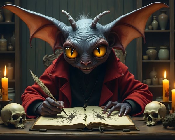 Whimsical creature writing in a mystical, dim room