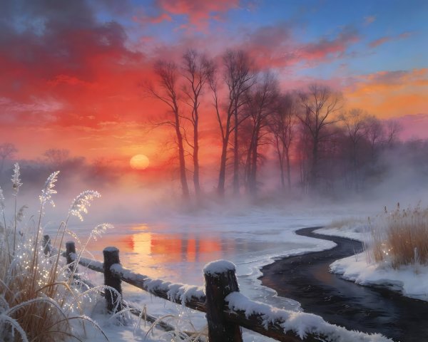 Winter Landscape with Vibrant Sunrise Over River