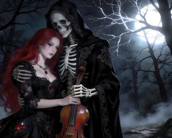 Digital painting of Death and a woman with a violin
