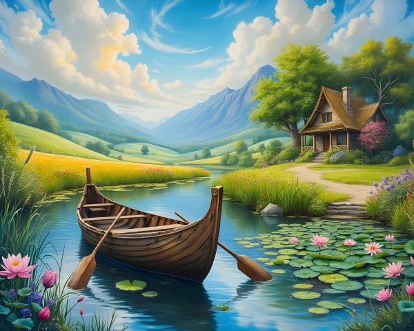 Tranquil River Landscape with Lush Fields and Mountains