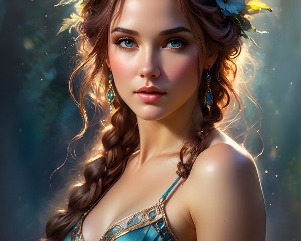 Young woman in blue gown with floral crown in forest