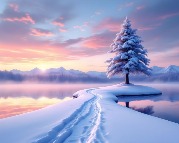 Serene Winter Landscape with Snow-Covered Tree
