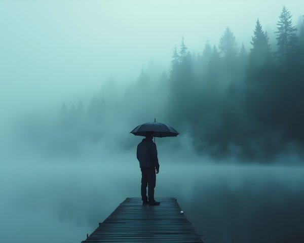 Solitary Figure on Pier in Foggy Nature Scene