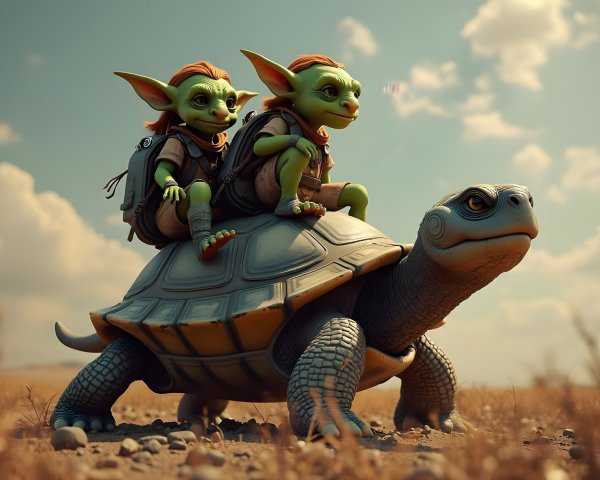 Whimsical Goblins Riding a Tortoise in Fantasy Landscape