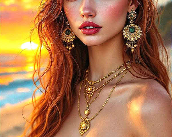 Elegant Woman in Burgundy Dress at Sunset Beach