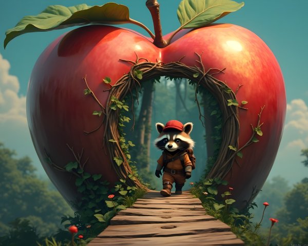 Cartoon Raccoon in Apple Doorway Adventure Scene