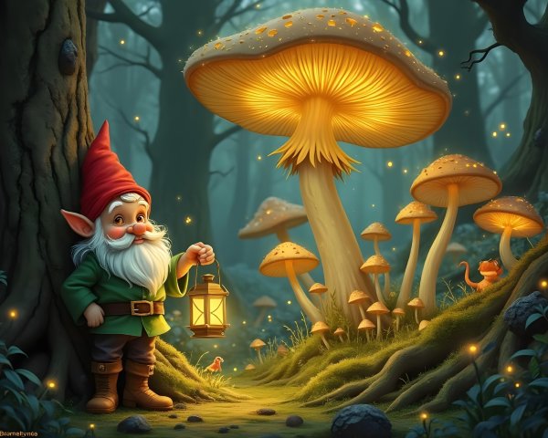 Cheerful gnome in a glowing magical forest setting