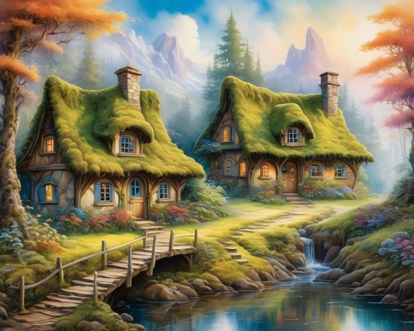 Quaint Cottages by a Stream with Mountain Backdrop