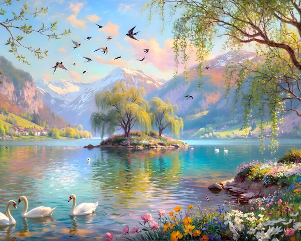 Serene Mountain Lake at Sunrise with Swans and Flora