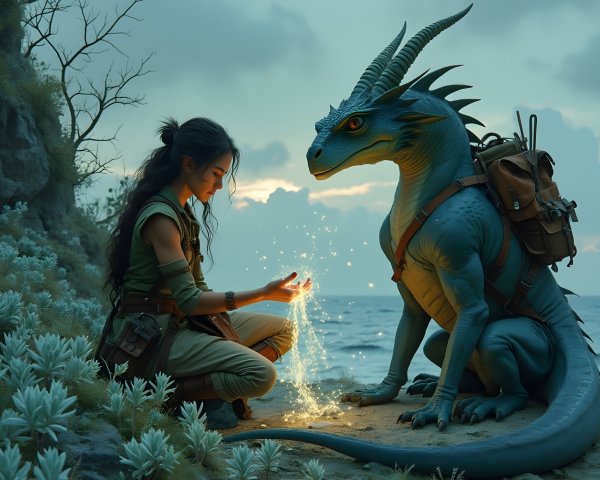 Young woman with dragon in serene coastal dusk setting
