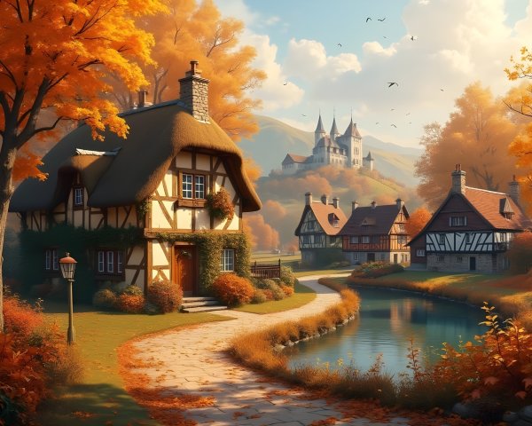 Autumn Landscape with Cottages and Castle in Foliage