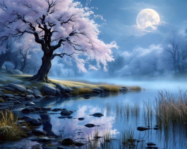 Tranquil River Scene Under Full Moon with Cherry Blossoms