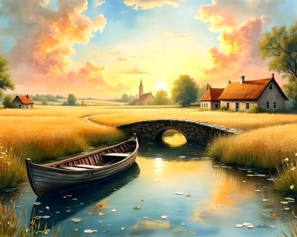 Serene Landscape with River, Fields, and Sunset Sky