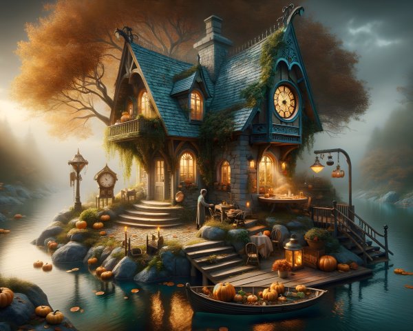 Whimsical Cottage on Tranquil Island in Autumn Foliage