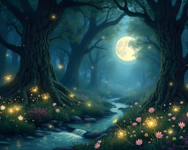 Mystical forest with moonlit trees and vibrant flowers