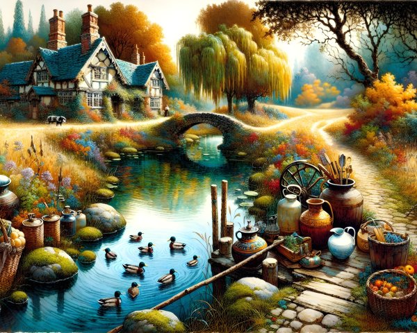 Charming Countryside Scene with Cottage and Stream