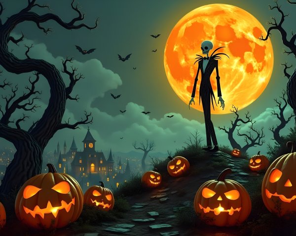 Skeletal Figure Under Orange Moon with Pumpkins and Bats