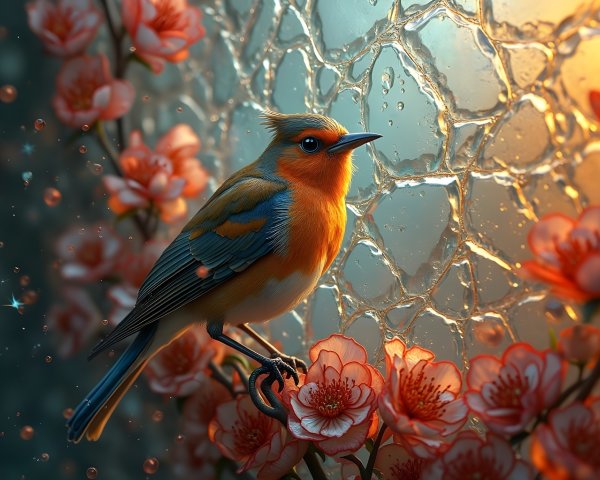 Vibrant Bird on Branch with Pink Flowers and Glass Window