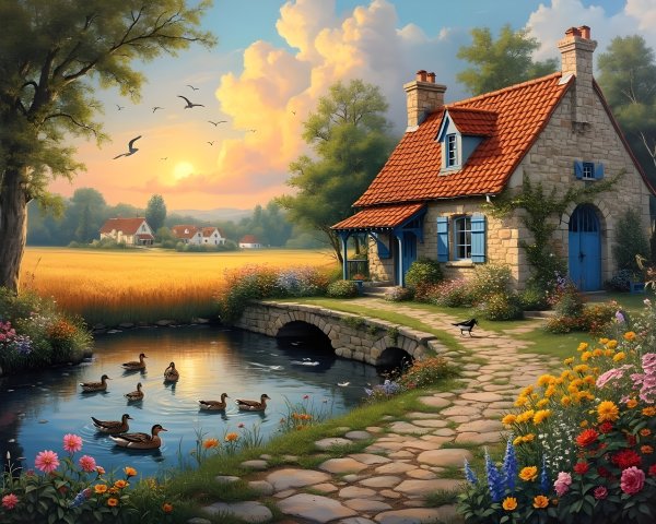 Charming Stone Cottage by a Serene Pond at Sunset