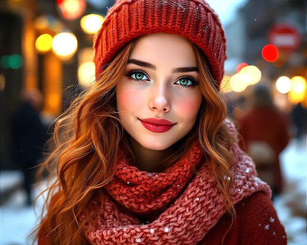 Young Woman in Snowy Street with Blue Eyes and Beanie
