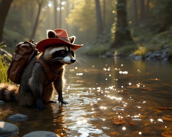 Raccoon in Cowboy Hat by Sparkling Stream in Autumn