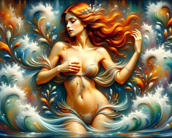 Woman with Red Hair Amidst Colorful Water Waves