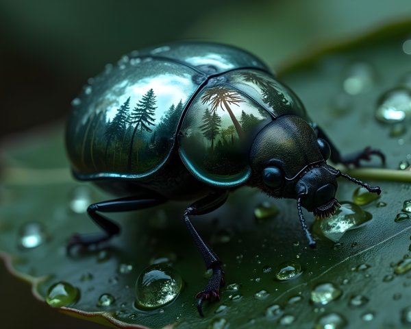 Close-up of an iridescent beetle on a green leaf