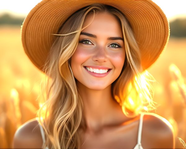 Young woman in straw hat smiles in sunlit wheat field