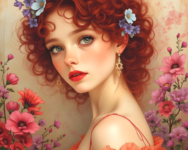 Young woman with red curls and floral decorations