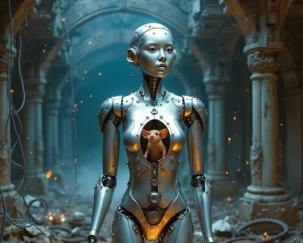 Sleek Robot in Ancient Ruins with Glowing Orb