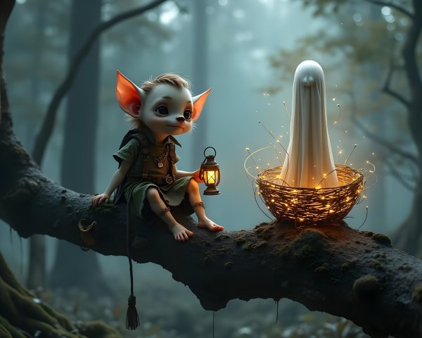 Whimsical Creature with Lantern in Mystical Forest