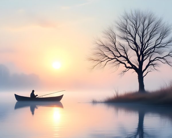 Serene Dawn Landscape with Fisherman and Calm Waters