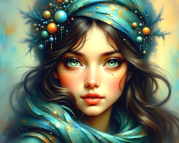 Portrait of a Young Woman with Green Eyes and Scarf