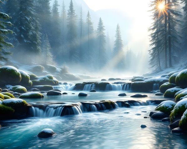 Serene Winter Landscape with Tranquil River and Mist