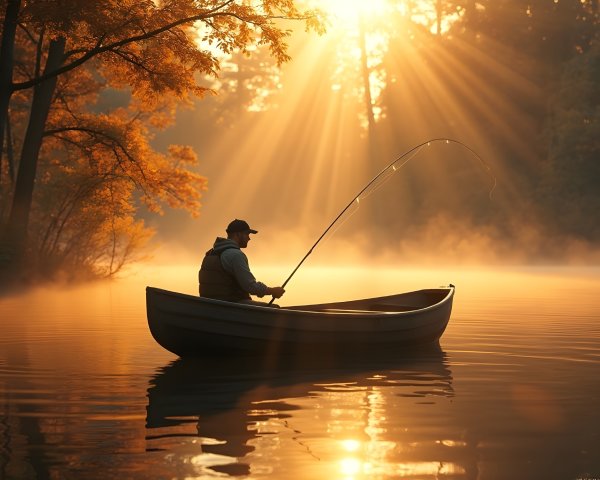 Lone Fisherman on Misty Lake at Sunrise