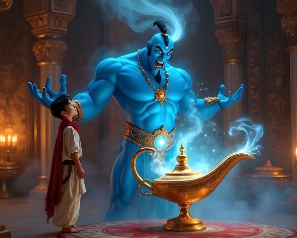 A young boy encounters a majestic blue genie in a chamber