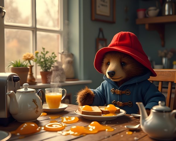 Cozy Kitchen Scene with Bear Enjoying Breakfast